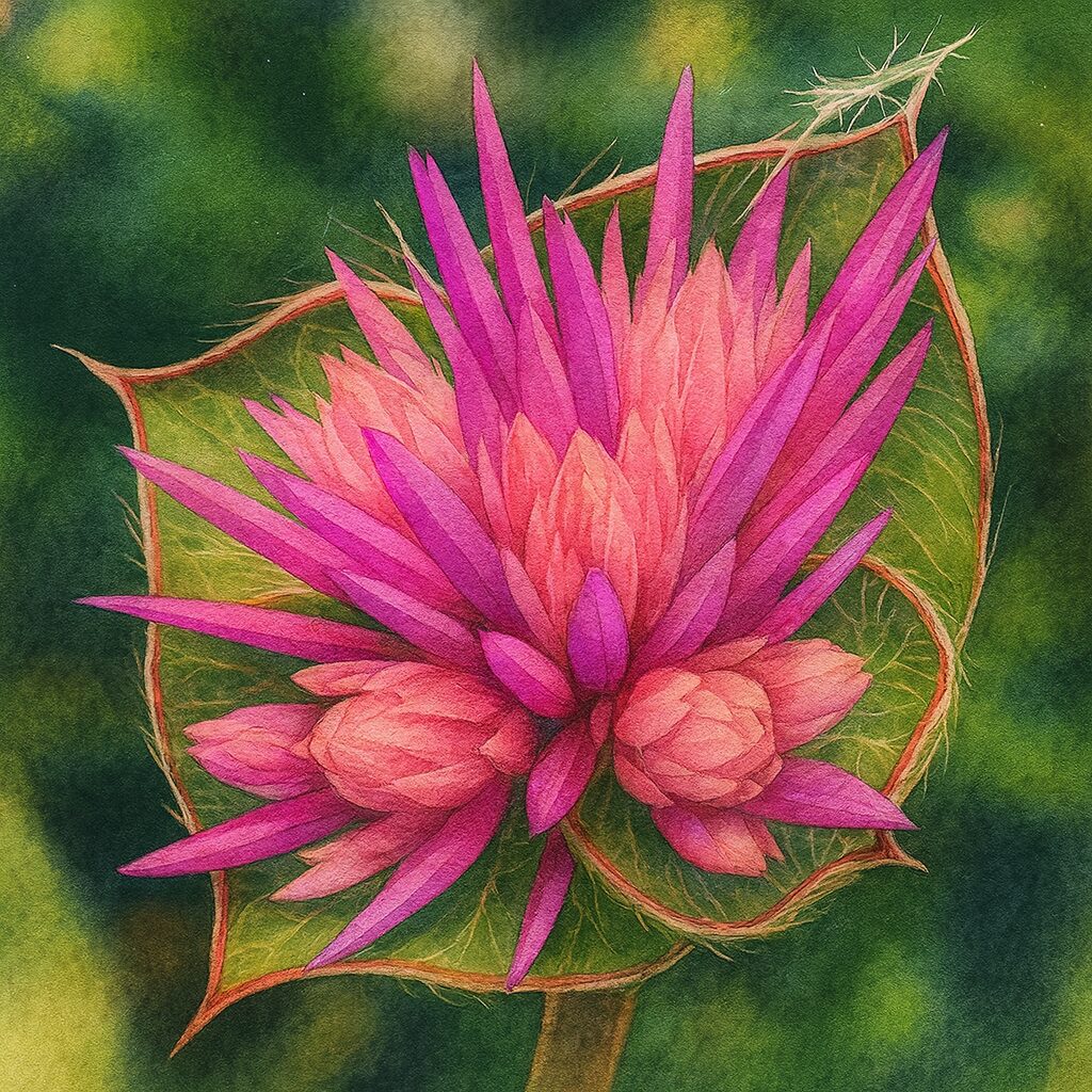 クモの糸がかかる花芽を描いたセンニチコウ植物画