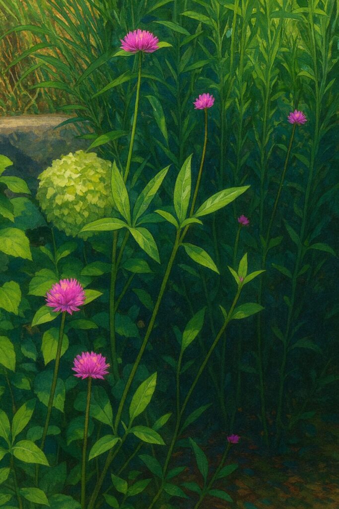 緑の葉と淡緑花房を背景にした‘ファイヤーワークス’画