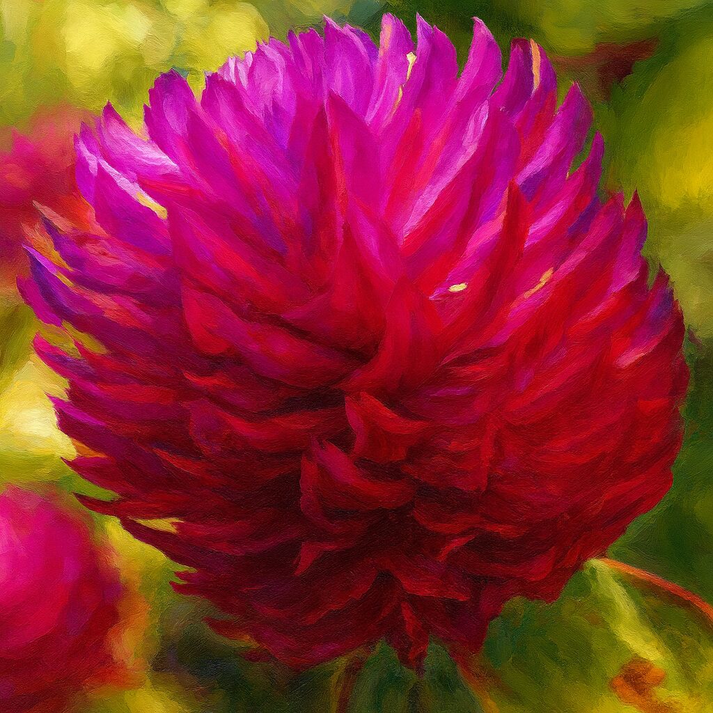 濃紫センニチコウ花の超接写を描いたボタニカル画