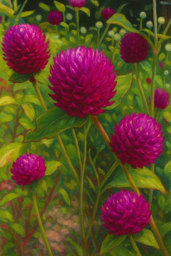 手前の一輪に焦点を置いた紫センニチコウ群生イラスト