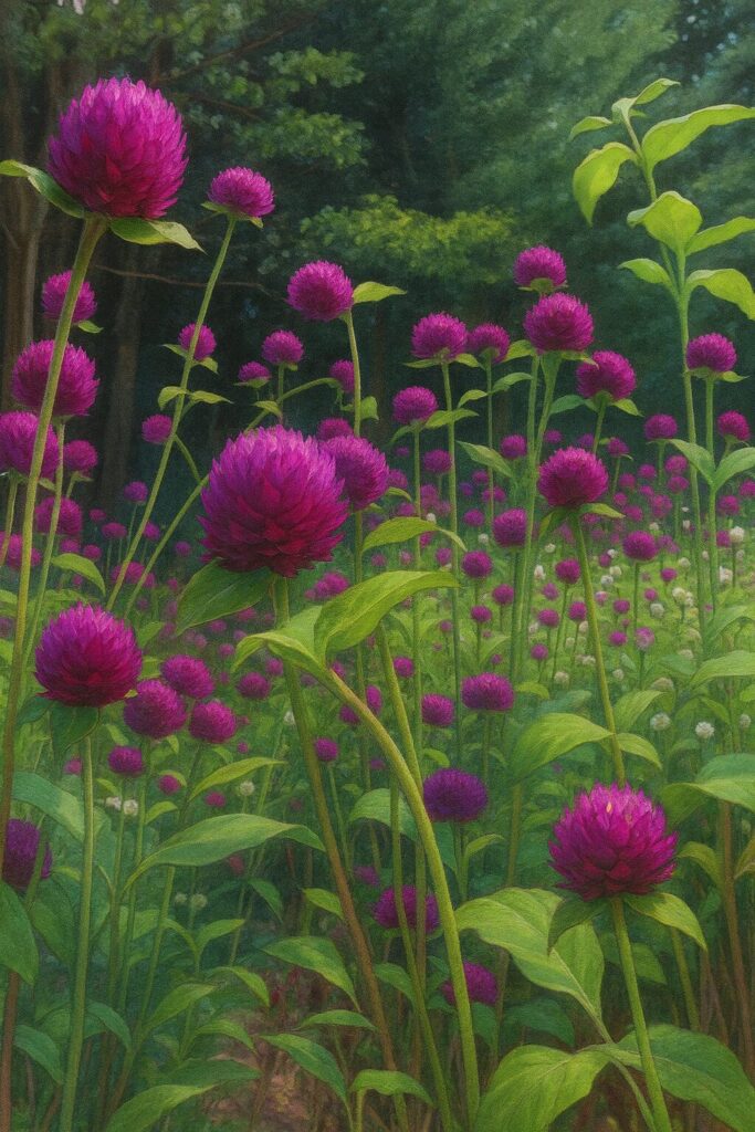 木立背景に群生を見上げた紫センニチコウの風景画