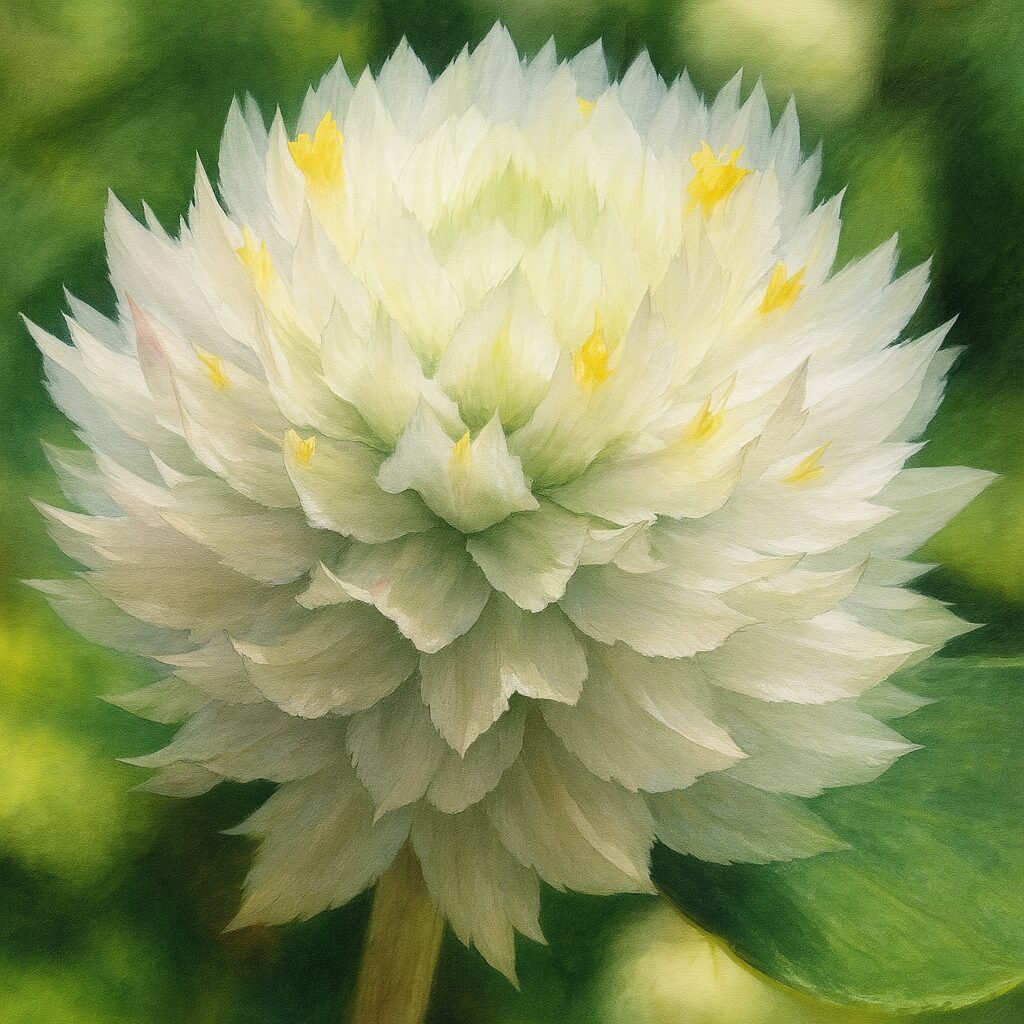 白いセンニチコウの超接写を描いた植物イラスト