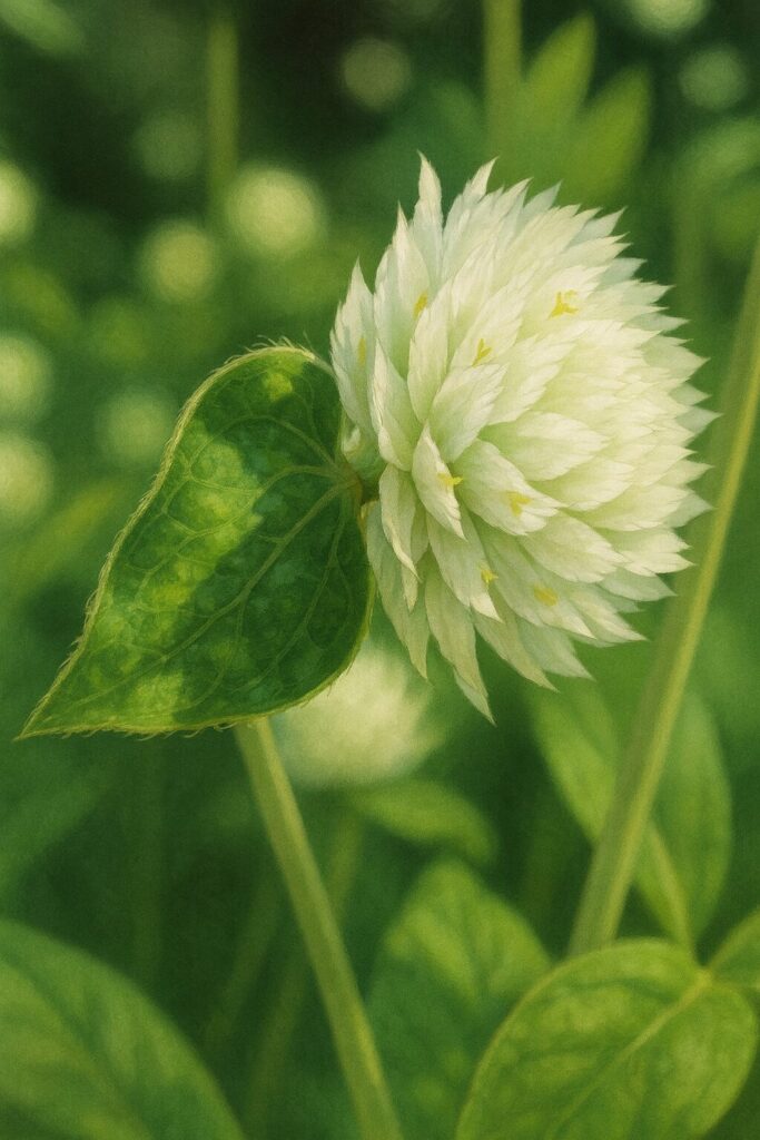 大きな葉と横向き白花のセンニチコウ植物画