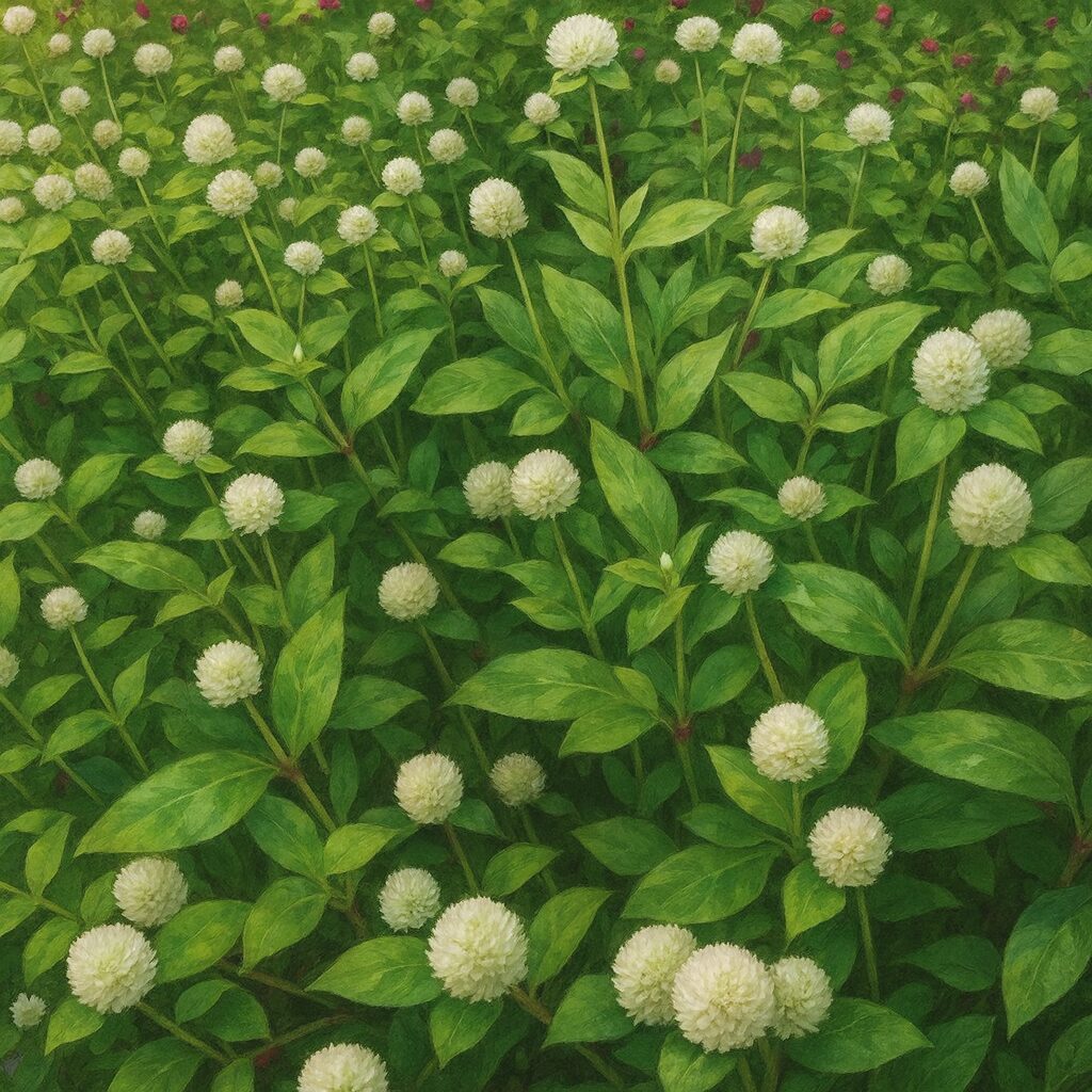 密に咲く白いセンニチコウ群生を俯瞰で描いた絵