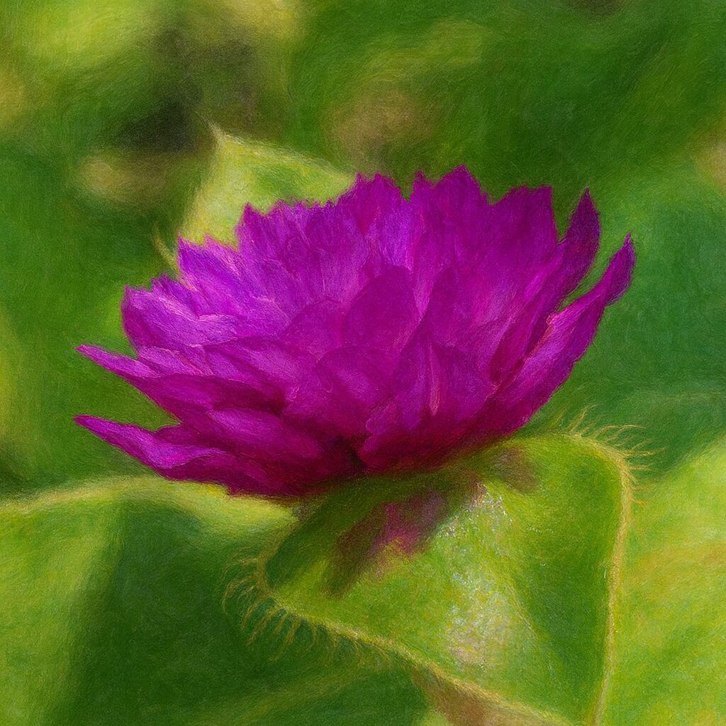 葉縁の毛まで描いた紫センニチコウつぼみ側面イラスト