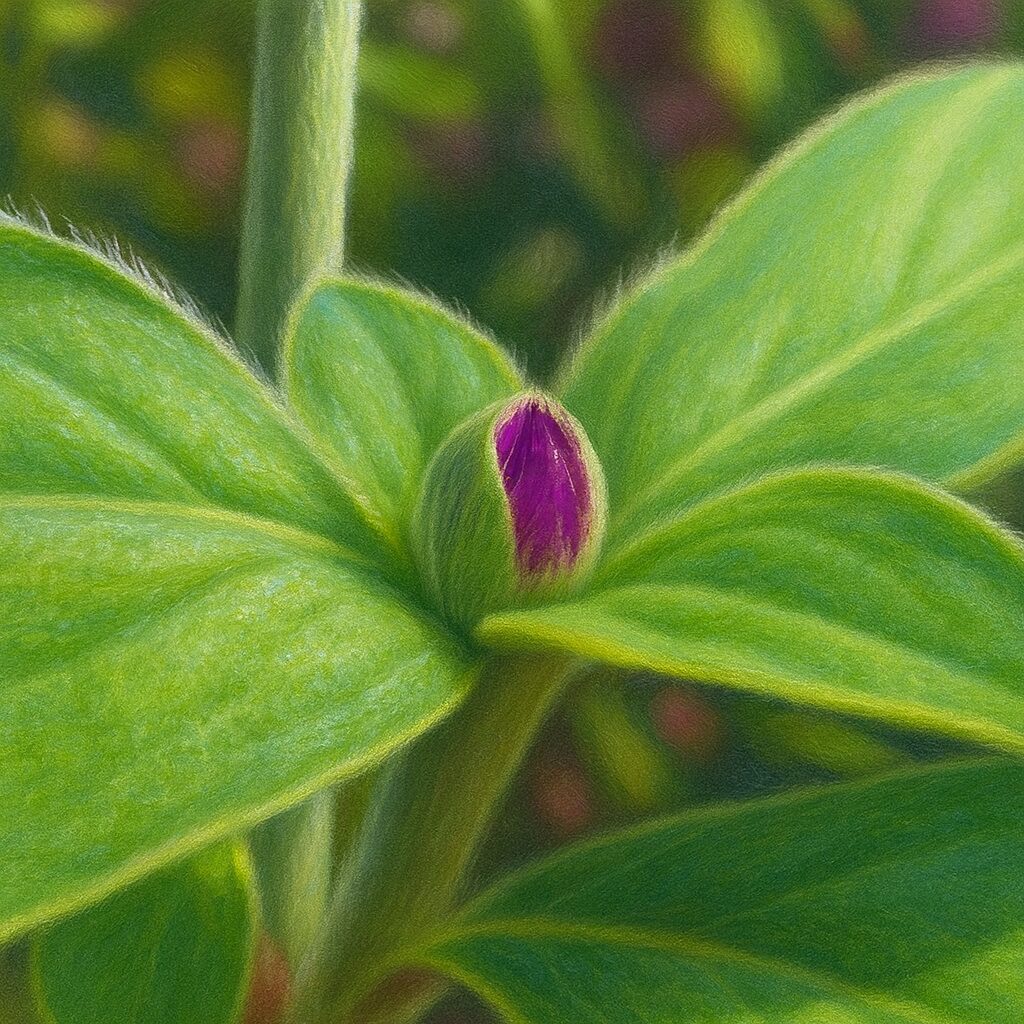 葉の中心にのぞく小さな紫つぼみを描いた植物画