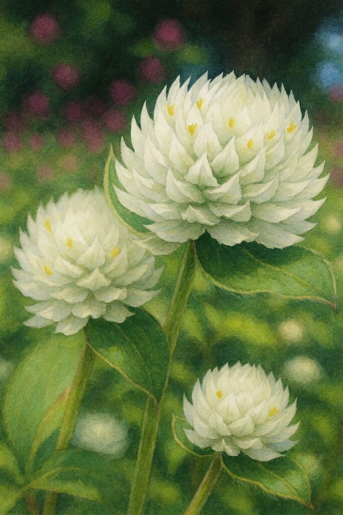 白花2輪と背景の紫ボケを表現したセンニチコウ画