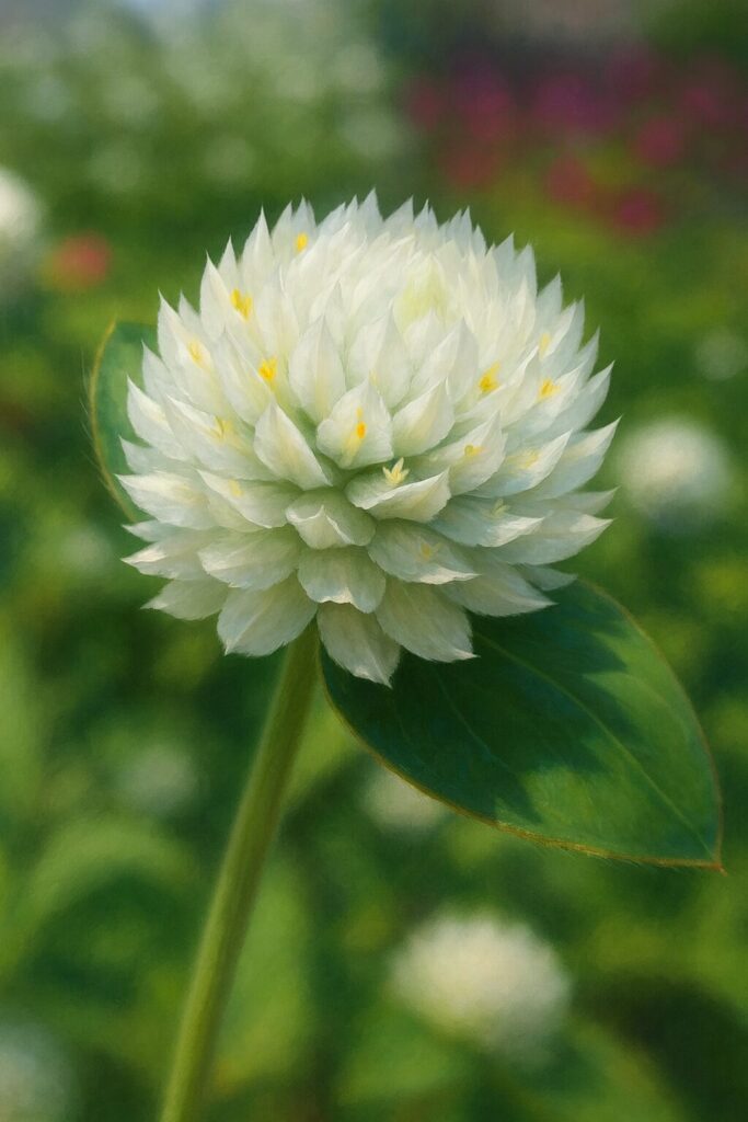 一枚の葉と白花一輪のセンニチコウ・ボタニカル画