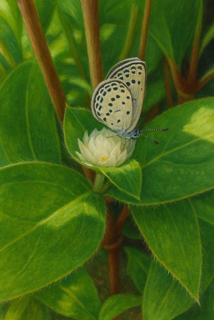 シジミチョウが白花にとまるセンニチコウの自然画