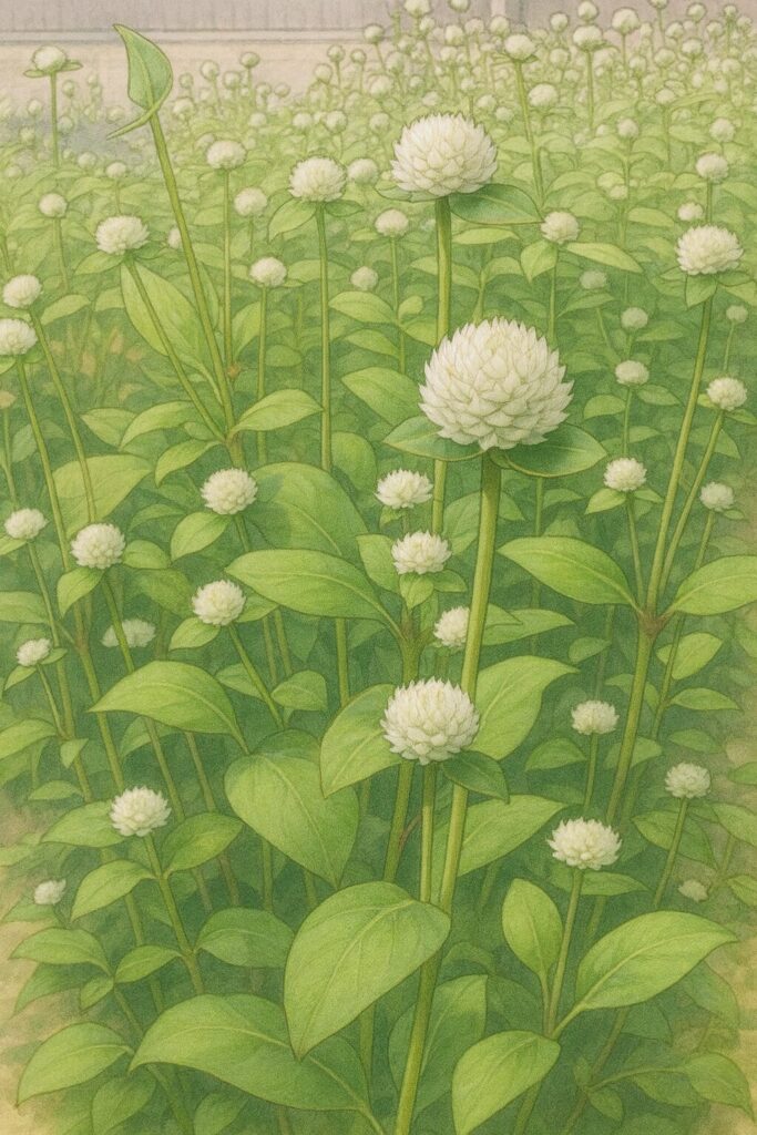 白いセンニチコウ群生とフェンスを描いた花壇イラスト