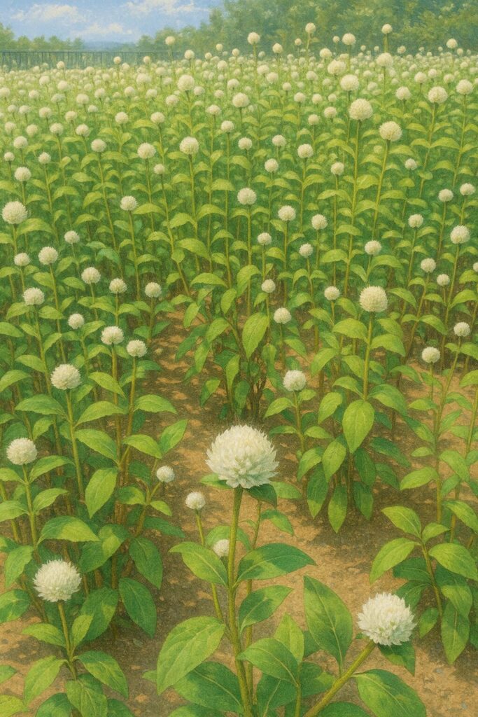 白いセンニチコウが広がる畑の遠近を描いた植物画