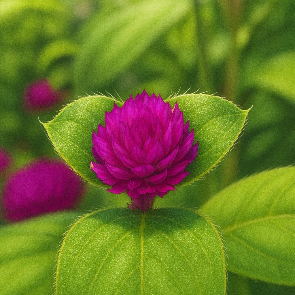 葉に抱かれた桃色つぼみのセンニチコウ細密イラスト