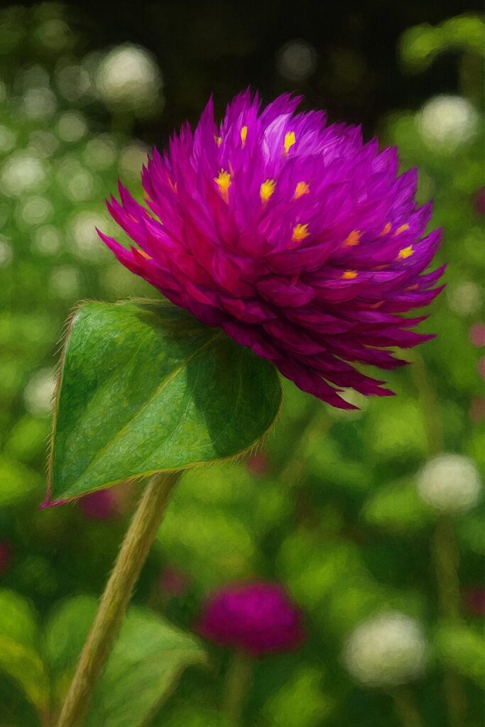 側面の紫花と黄小花を描いたセンニチコウ植物画