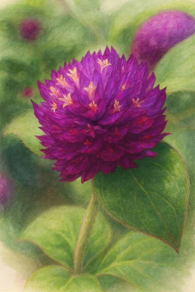 黄小花が映える紫センニチコウの接写イラスト