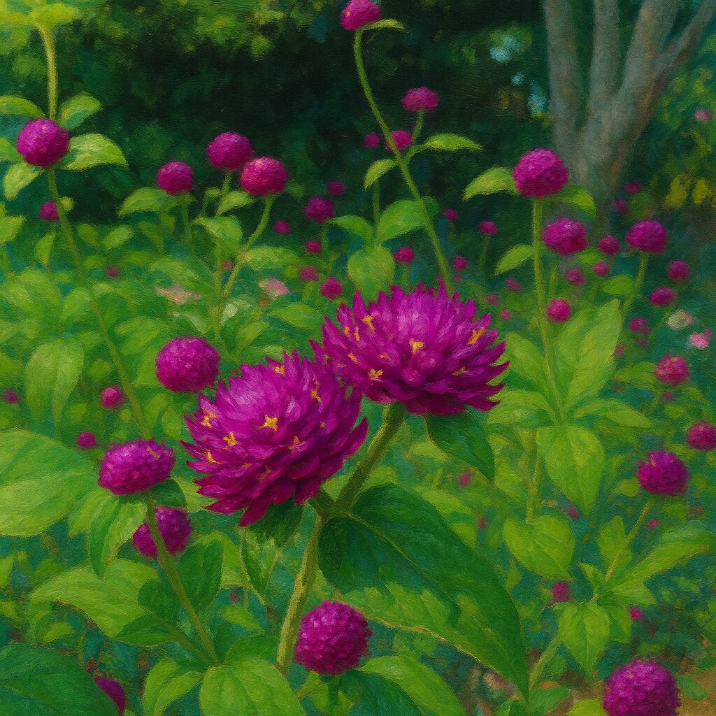 手前2輪と背景群生の紫センニチコウ庭園イラスト