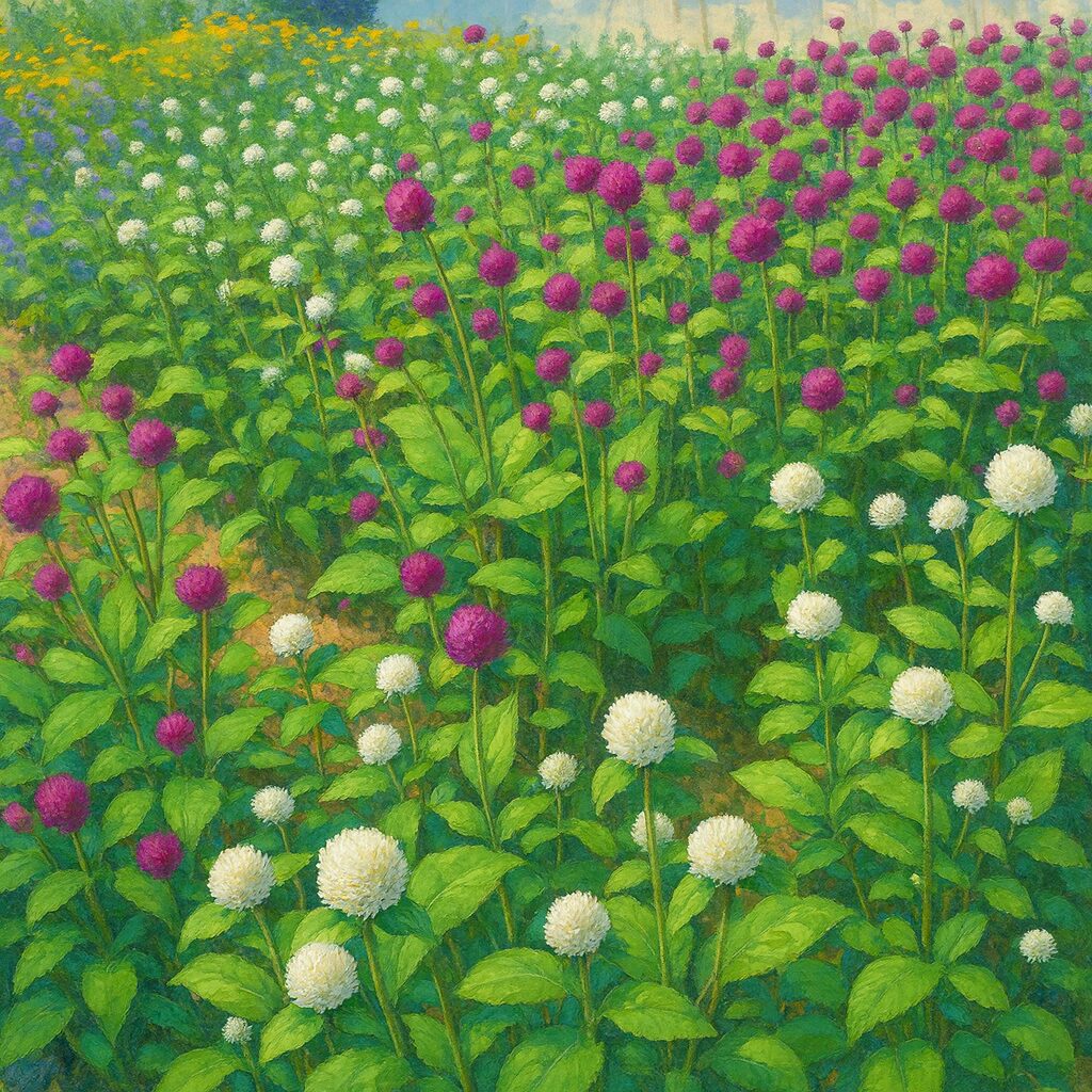 白と紫が混植されたセンニチコウ花畑の風景イラスト