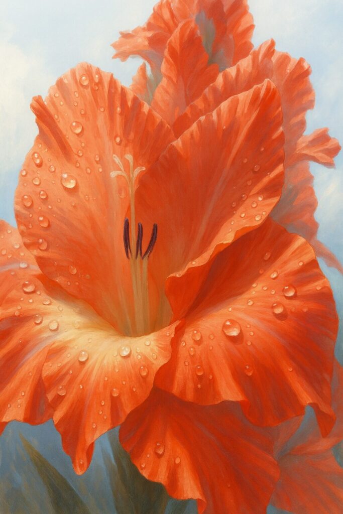 水滴が光るコーラルピンクの開花グラジオラスを描いたリアルタッチのデジタルイラスト