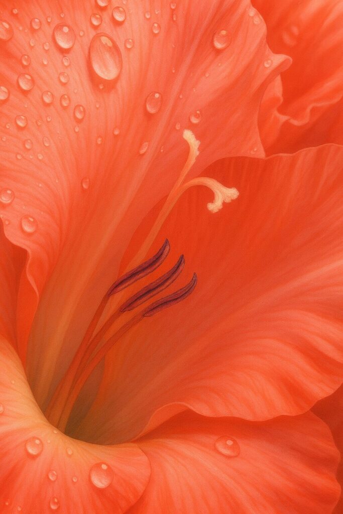 花芯と雄しべまで描き込んだピンクのグラジオラスのマクロイラスト（水滴表現）