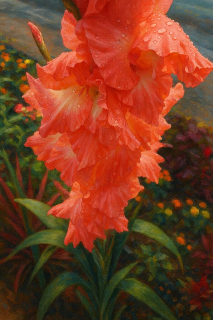 花壇で咲くコーラルピンクのグラジオラスを縦構図で描いたボタニカルイラスト