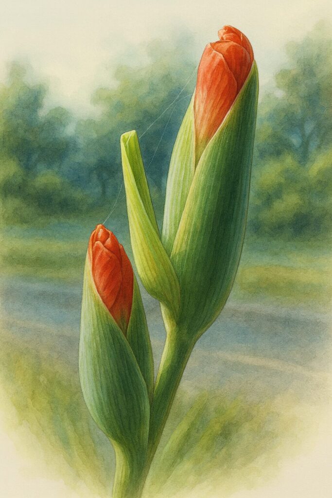 つぼみ二本を近接で描いたグラジオラスの植物画（背景ソフト）