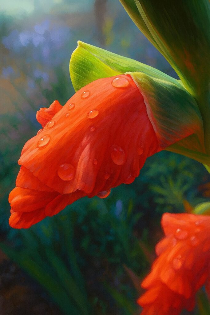 萼と苞に包まれた赤系つぼみを斜め構図で描いたデジタルイラスト（水滴）