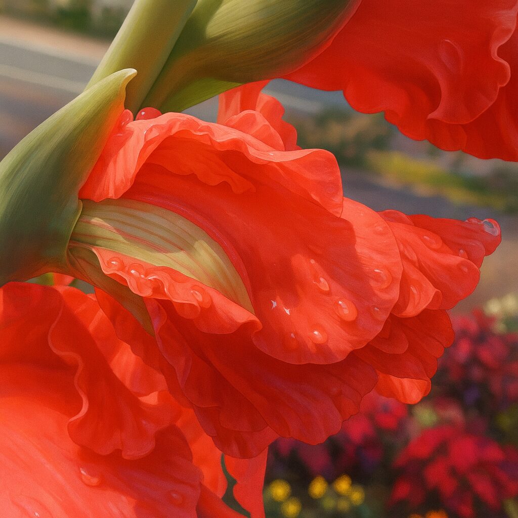 花弁裏側の質感と雨粒を強調したグラジオラスの横構図イラスト
