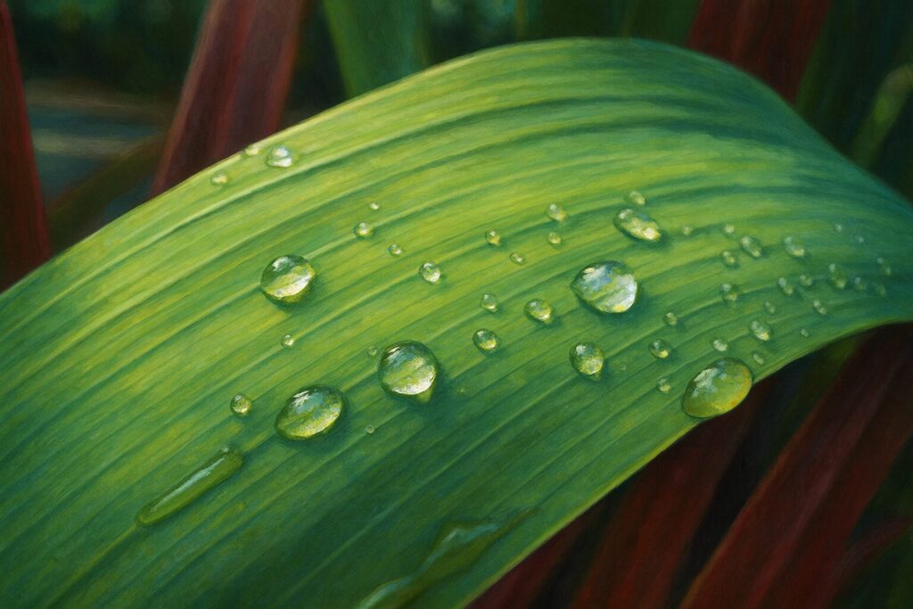 葉上に並ぶ水滴を精密に描いたグラジオラスのリーフ・マクロイラスト