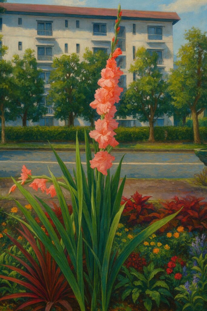 都市の建物を背景に直立するピンクのグラジオラスを描いた風景ボタニカル