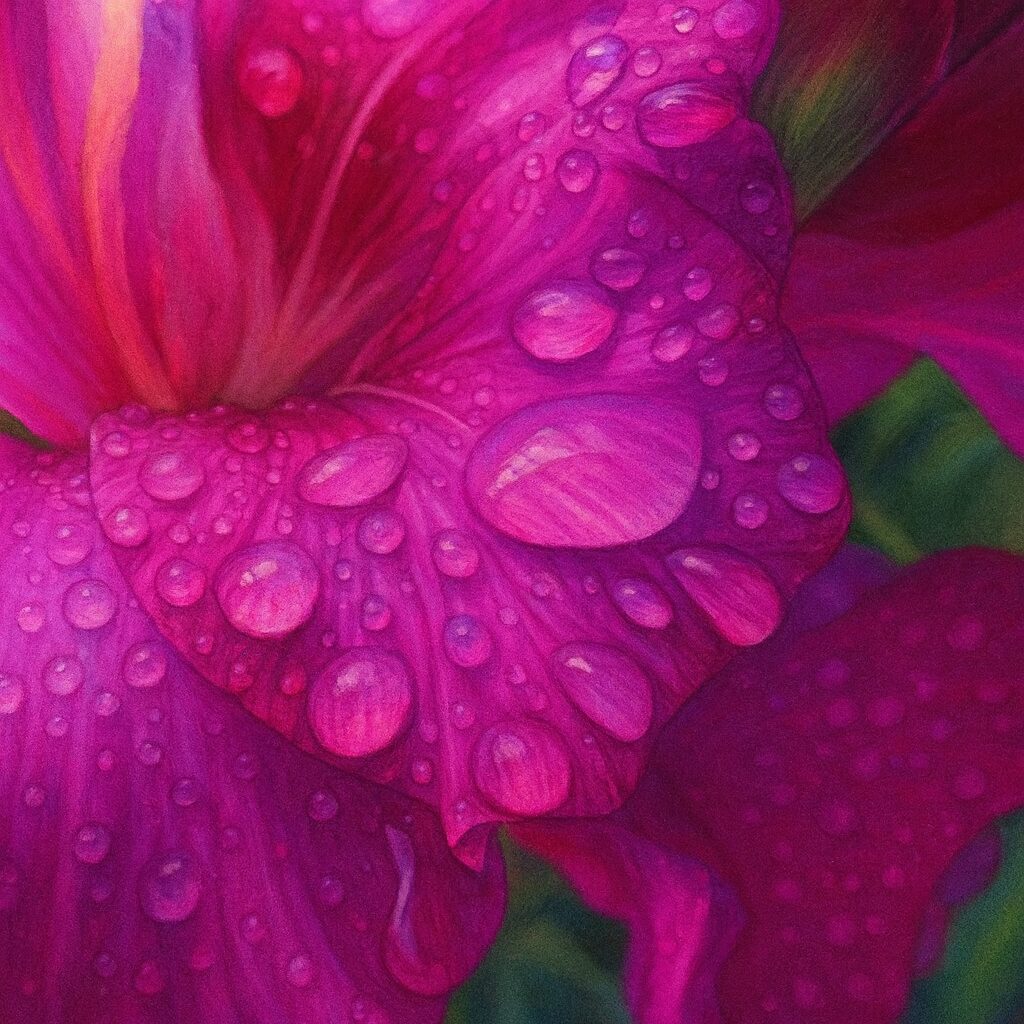 マゼンタ花弁に密集する水滴を描いたグラジオラスのマクロイラスト