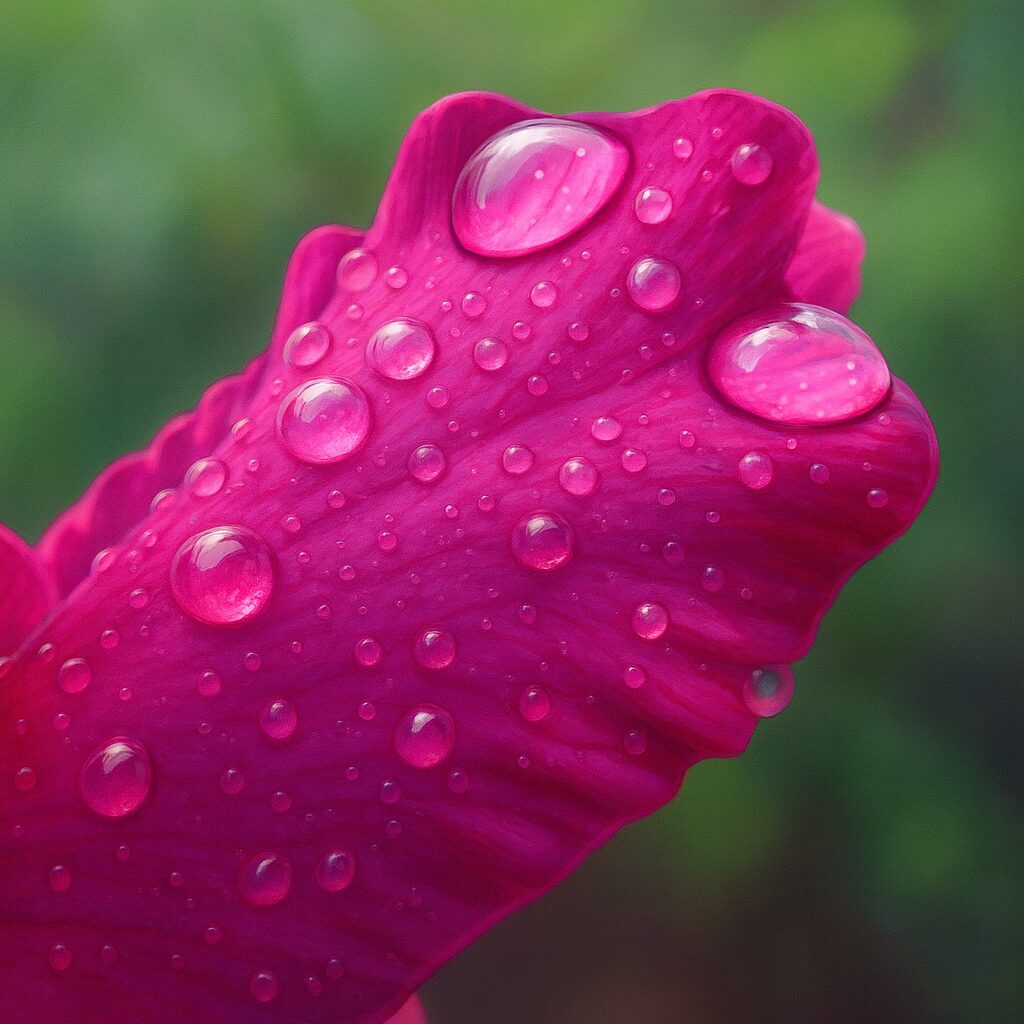 花弁先端の大粒の雫を描いたマゼンタのグラジオラスのマクロイラスト