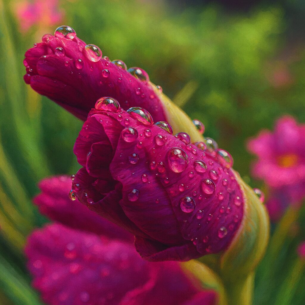 水滴をまとうマゼンタのグラジオラスのつぼみを描いたリアルイラスト