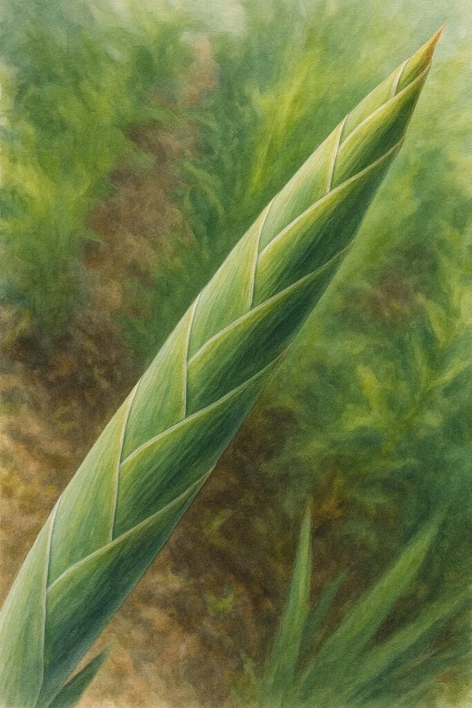 螺旋状に重なる若い芽（スピア）を描いたグラジオラスの植物画イラスト