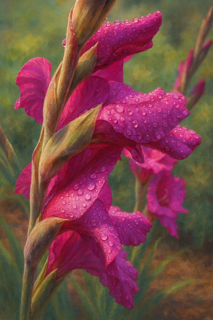 側面から見たマゼンタのグラジオラスと雨粒を描いたデジタルイラスト