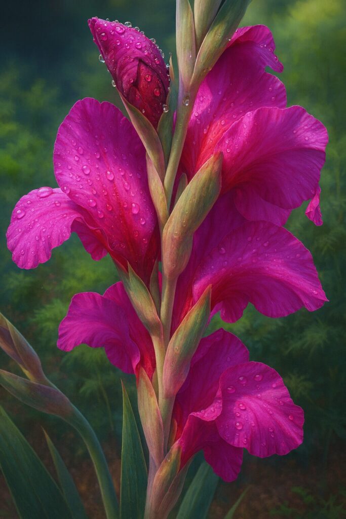 つぼみと重なる花弁の層を表現したマゼンタのグラジオラス近接イラスト