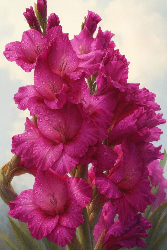 白空バックで映えるマゼンタの花穂を描いたクローズアップイラスト（水滴）