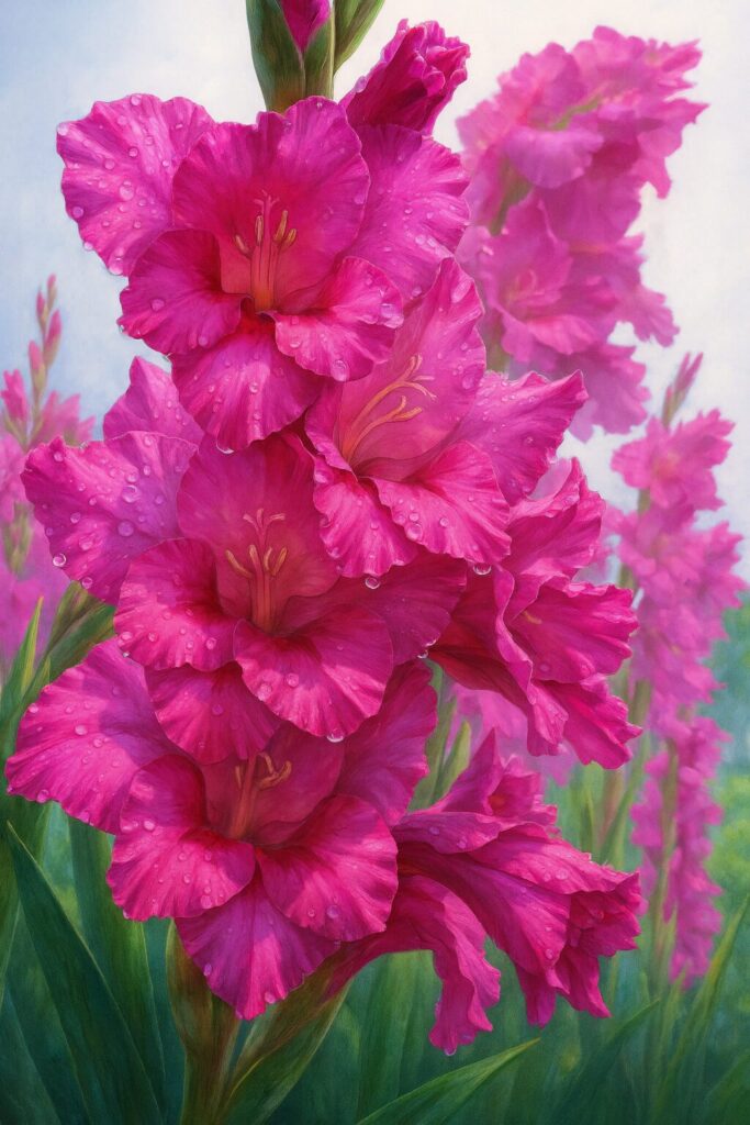 群生するマゼンタのグラジオラスを淡い空とともに描いた縦構図イラスト