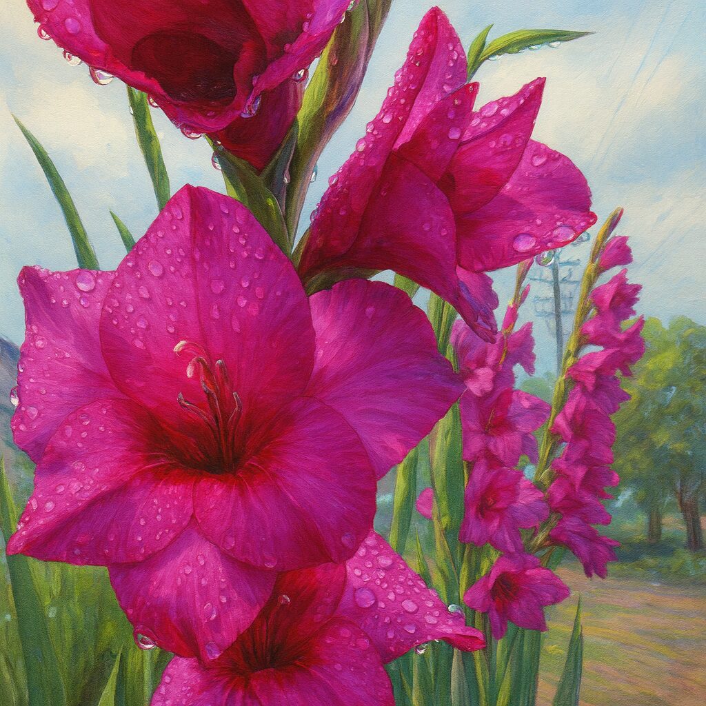 歩道沿いに連なるマゼンタのグラジオラスを前後ボケ風に描いた風景イラスト