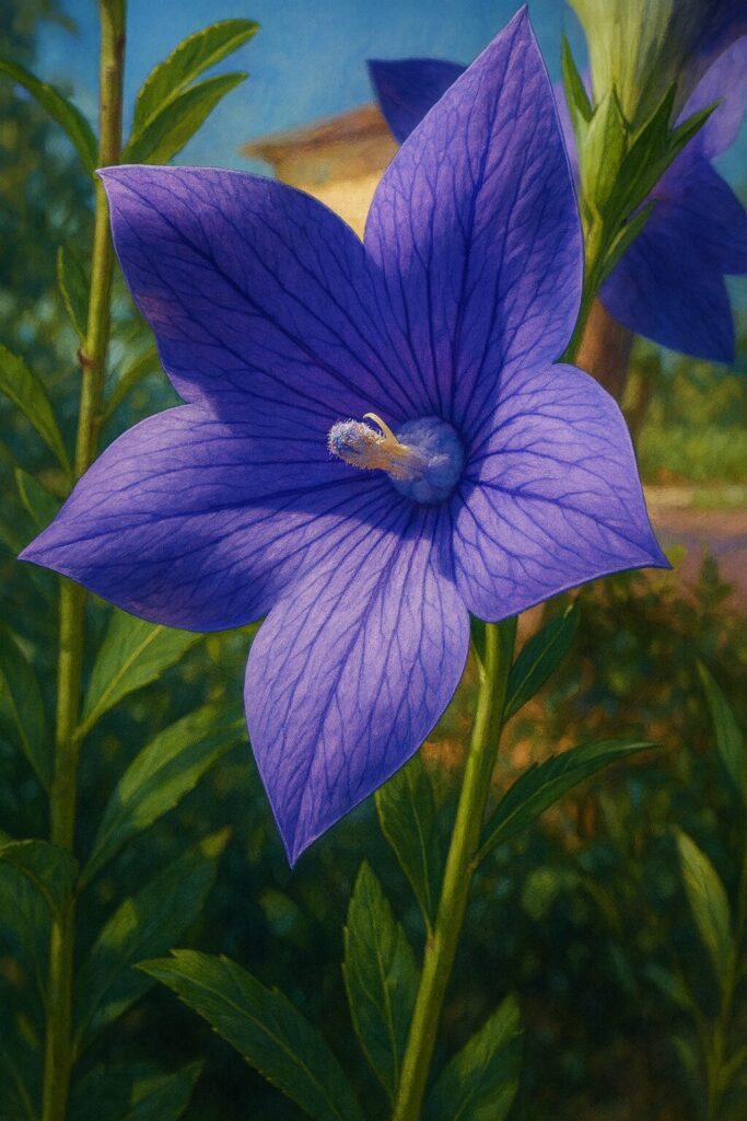 正面から大きく開いた青紫キキョウを写実的に描いた植物画