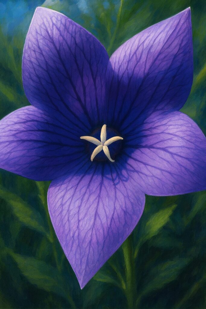 白い星形の柱頭が中心にある青紫キキョウの正面イラスト