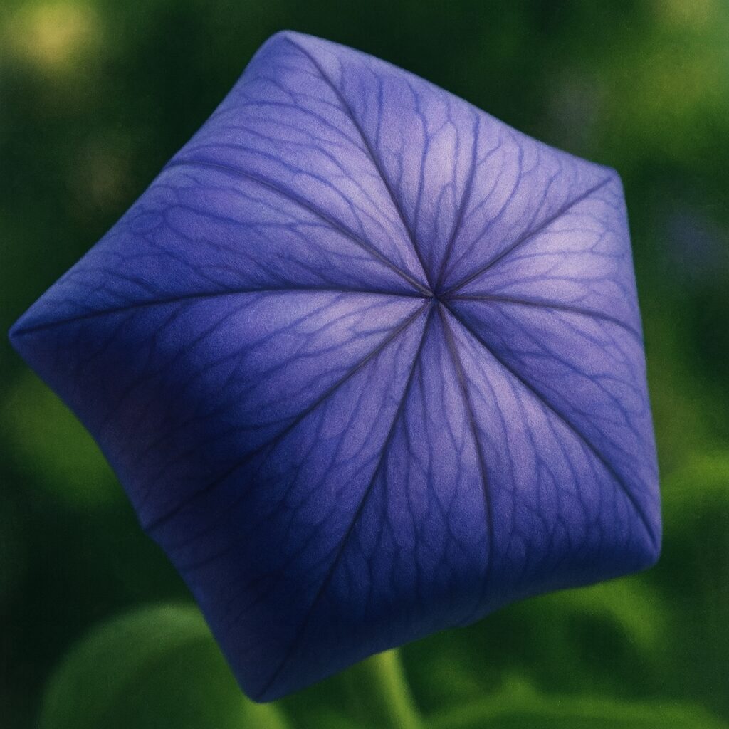 風船状に膨らむ紫の蕾を描いたキキョウのリアルイラスト