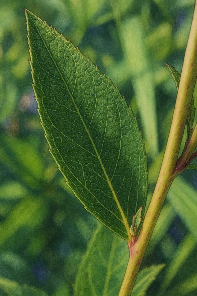 鋸歯と葉脈を描き込んだキキョウの葉のクローズアップイラスト