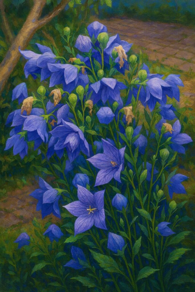 多数の蕾と花が付くキキョウ株の群生シーンを描いた植物画