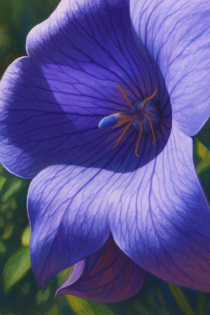 花喉の陰影と雄しべを強調した斜め構図のキキョウイラスト