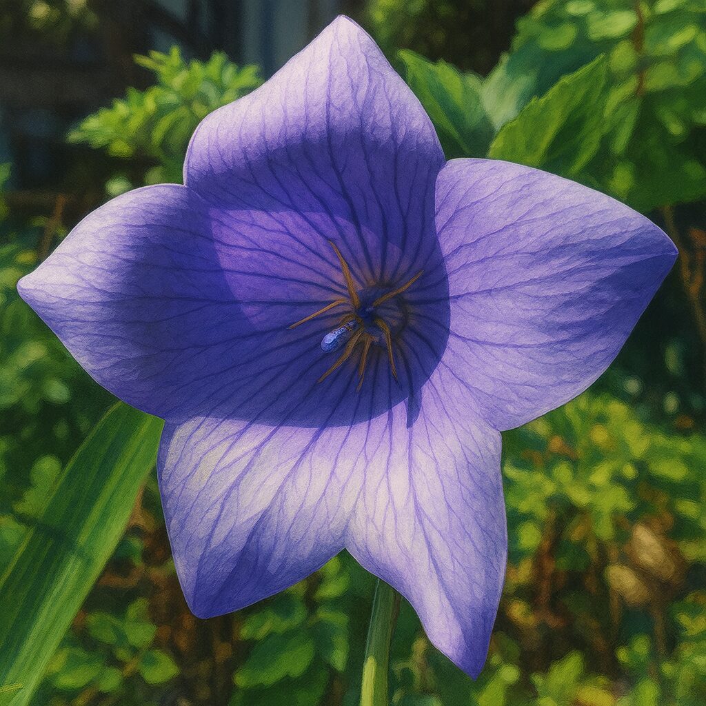 中心の雄しべが見える青紫キキョウの正面アップイラスト