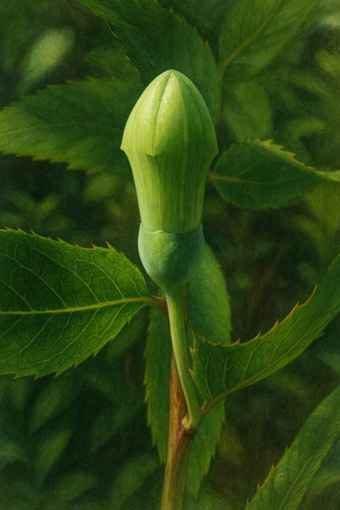 ライムグリーンの若い蕾を主役にしたキキョウの細密イラスト