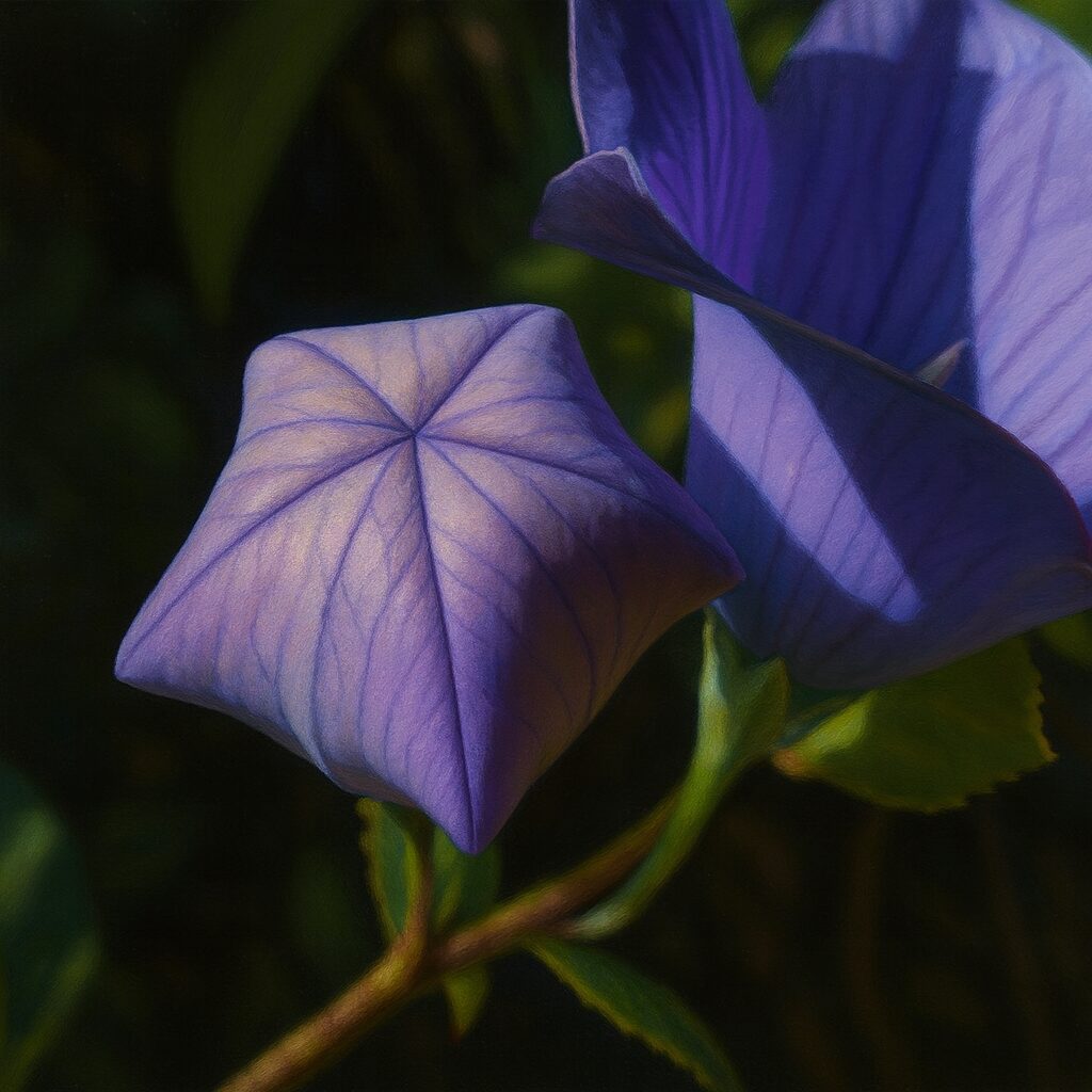 風船状の蕾と開花を同画面に配したキキョウの二態イラスト