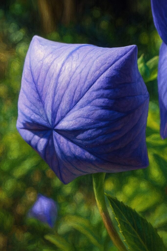 濃紫の風船状蕾を大きく描いたキキョウの接写イラスト