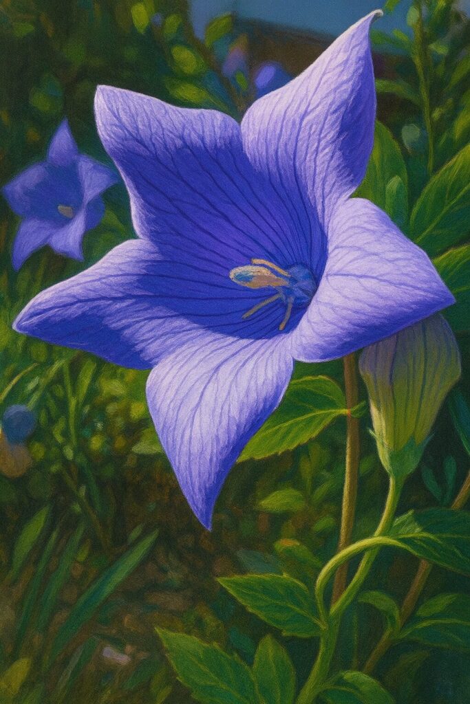 前景の開花と背景の花を対比させた青紫キキョウの構図イラスト