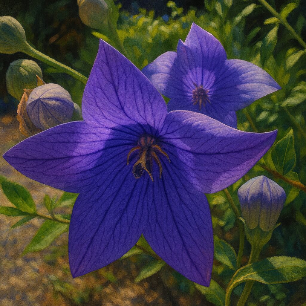 二輪が並んで咲く青紫キキョウの情景イラスト