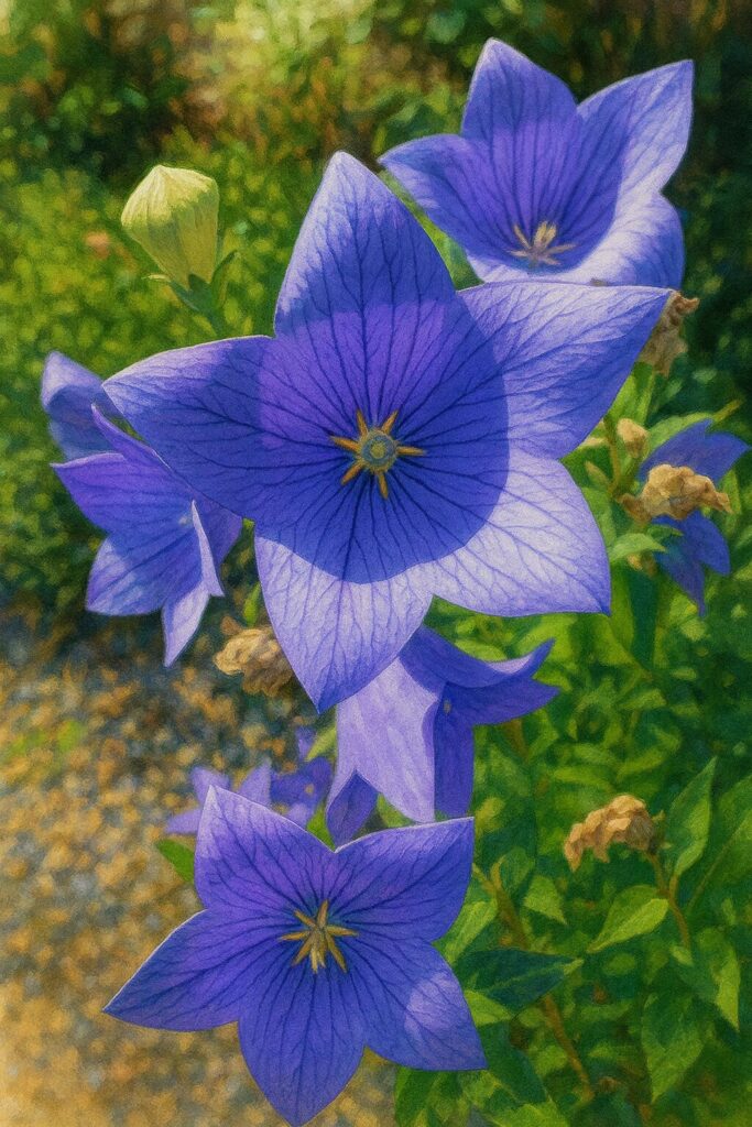 蕾から開花までが連なる群花のキキョウを描いた植物画